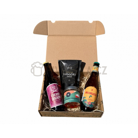 Dárkový box Sladká pivní pohoda – mango pivo, cider a pochutiny